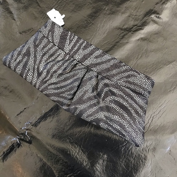 NWT Lauren Merkin black/opal  zebra print clutch